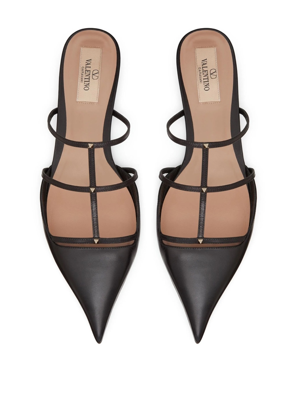 Valentino Black Leather Pointed-Strap Mules with Stud Accents
